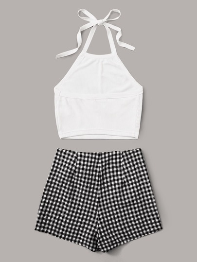 Conjunto top halter tejido de canalé con skort de guingán con nudo lateral