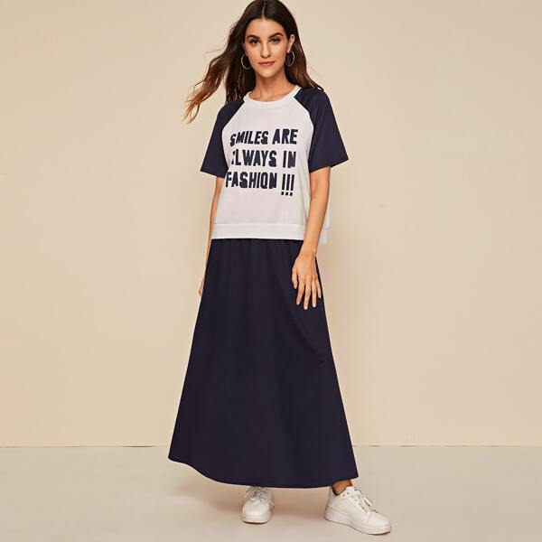 

Slogan Graphic Contrast Raglan Sleeve Combo Dress, Multicolor