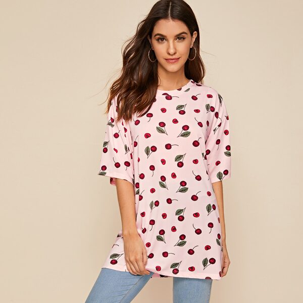 

All Over Cherry Print Longline Tee, Pink