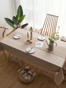 Mantel bajo con fleco unicolor - Caqui - Ver 1