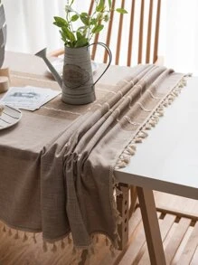 Mantel bajo con fleco unicolor - Caqui - Ver 2