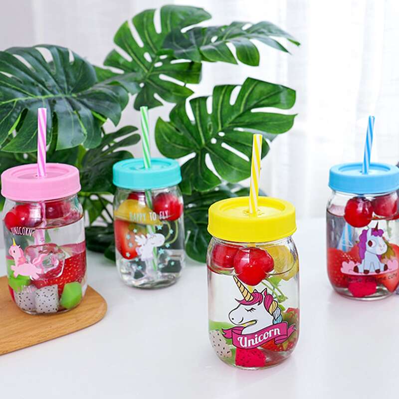 

1pc Cartoon Unicorn Print Straw Glass Bottle, Multicolor