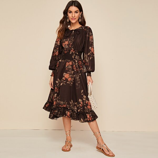 

Floral Print Shirred Waist Ruffle Hem Dress, Brown