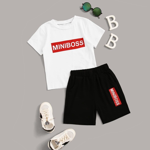 

Шорты и футболка с текстовым принтом для мальчиков, Чёрнобелые