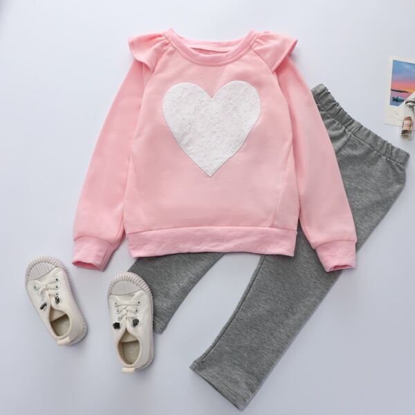 

Toddler Girls Lace Heart Patched Ruffle Sweatshirt & Leggings, Multicolor