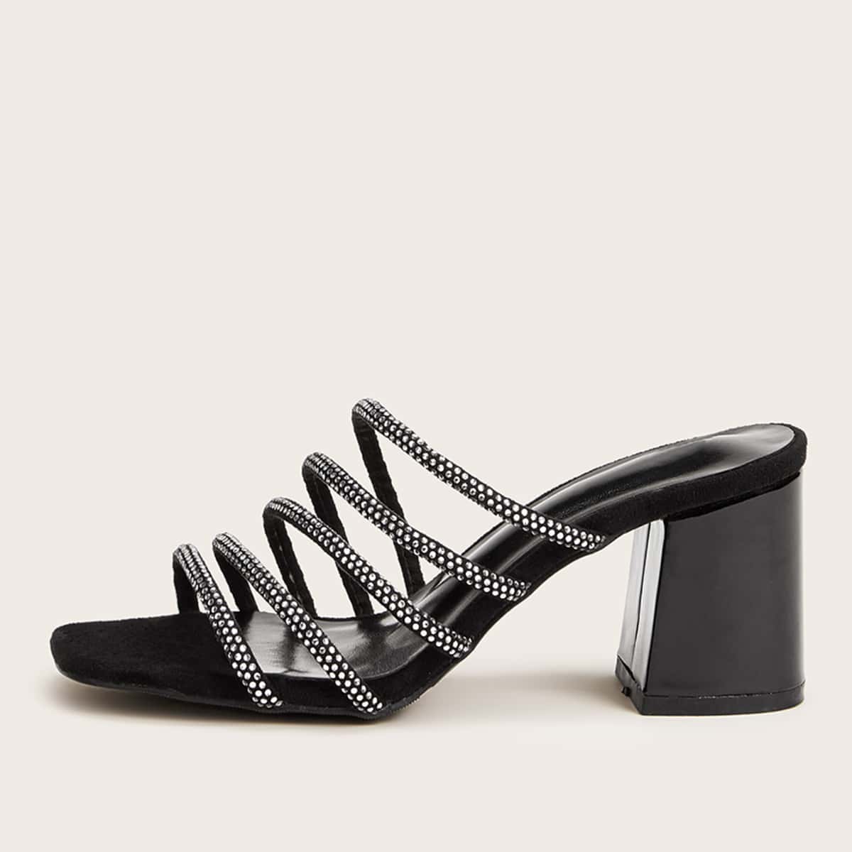 

Rivet Decor Strappy Heeled Mules, Black