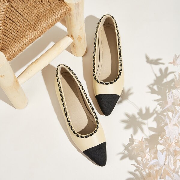 

Two Tone Point Toe Ballet Flat Shoes, Beige