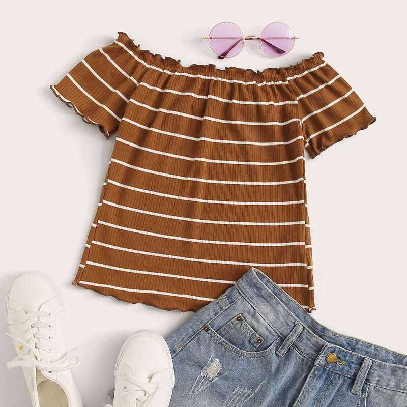 

Lettuce Trim Rib-knit Striped Bardot Top, Brown