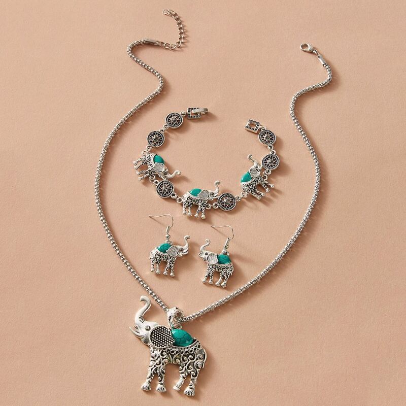 

4pcs Elephant Charm Necklace & Earrings & Bracelet