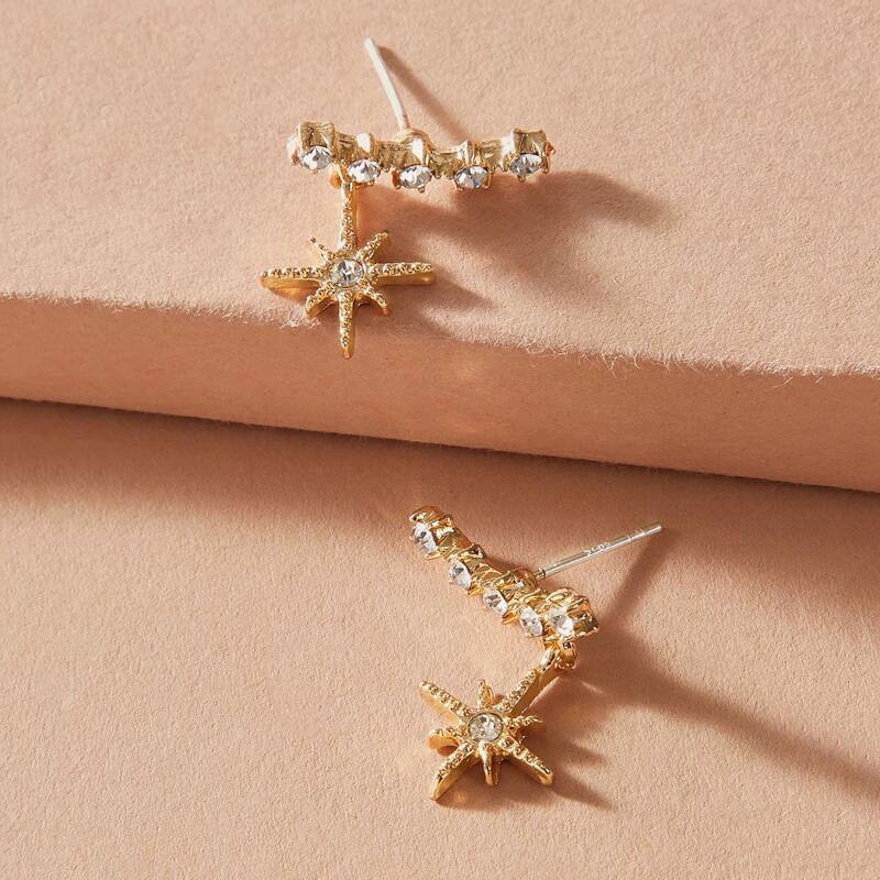 1pair Rhinestone Engraved Star Drop Earrings, Gold