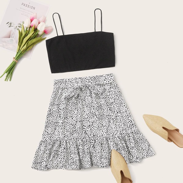 

Rib-knit Cami Crop Top & Ruffle Hem Belted Dalmatian Skirt Set, Black and white