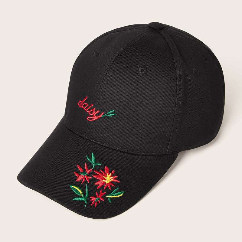 

Flower Embroidered Baseball Cap, Black