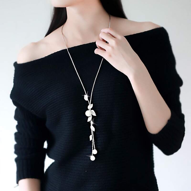 

1pc Faux Pearl & Leaf Charm Necklace, Silver