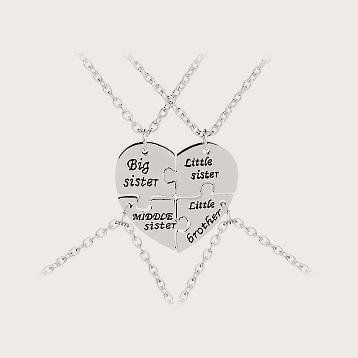

4pcs Family Heart Charm Necklace, Silver