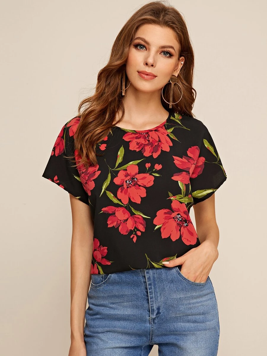 SHEIN Top con estampado floral de espalda con abertura de ojo - Multicolor - Ver 1