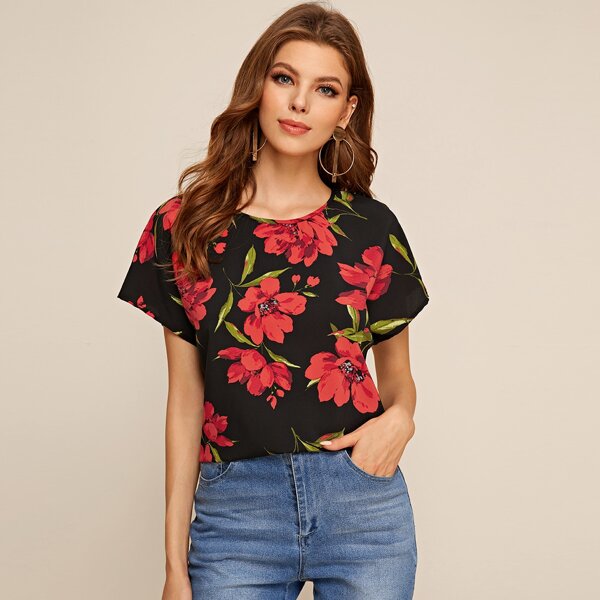 

Floral Print Keyhole Back Top, Multicolor