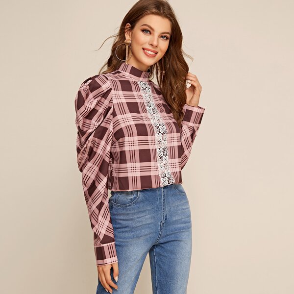 

Mock-Neck Guipure Lace Trim Leg-of-mutton Sleeve Plaid Top, Multicolor