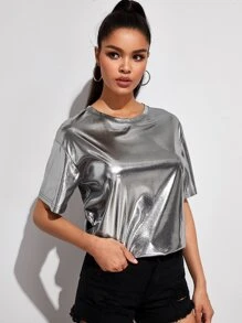 SHEIN Short Sleeve Metallic Top - Silver - View 4