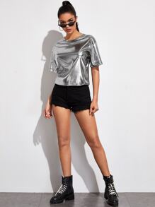 SHEIN Short Sleeve Metallic Top - Silver - View 5