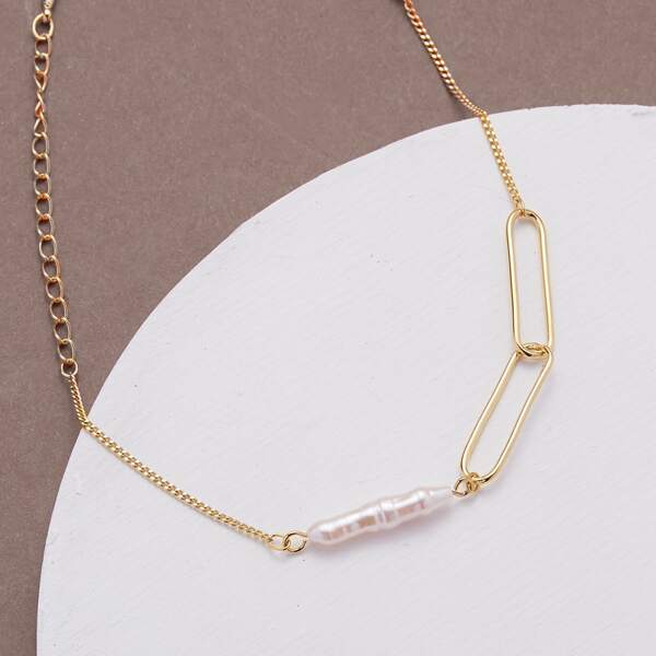 

Dainty Chain Link Detail Pearl Accent Bracelet, Gold