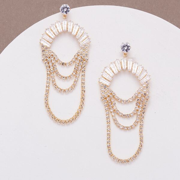 

1pair Baguette Rhinestone Draped Crystal Earrings, Gold