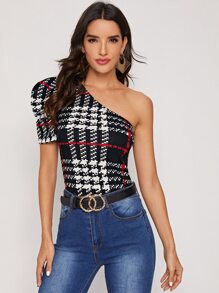 SHEIN Privé One Shoulder Puff Sleeve Plaid Top - Multicolor - View 1