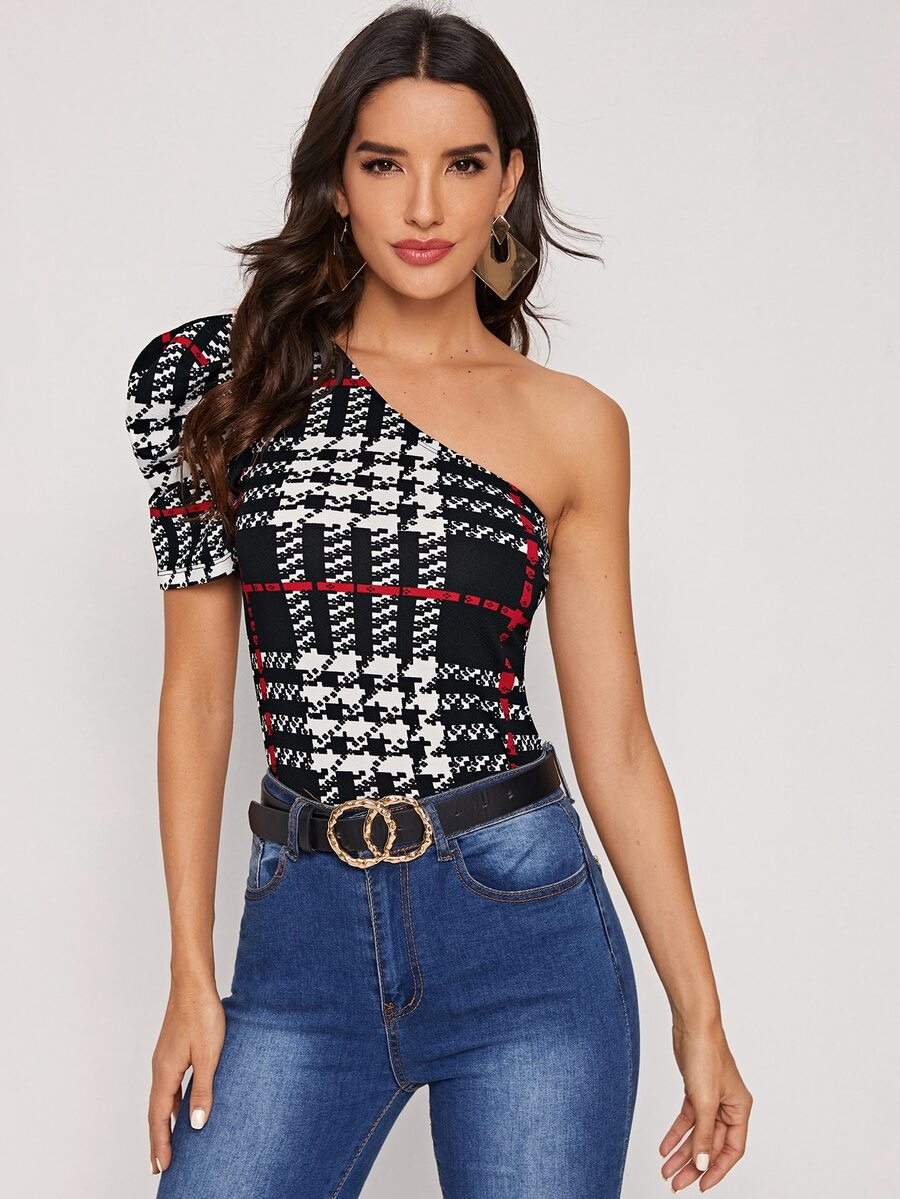 SHEIN Privé One Shoulder Puff Sleeve Plaid Top - Multicolor - View 1