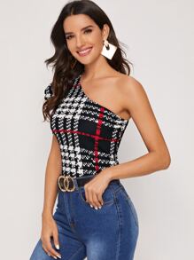 SHEIN Privé One Shoulder Puff Sleeve Plaid Top - Multicolor - View 4