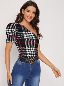 SHEIN Privé One Shoulder Puff Sleeve Plaid Top - Multicolor - View 5