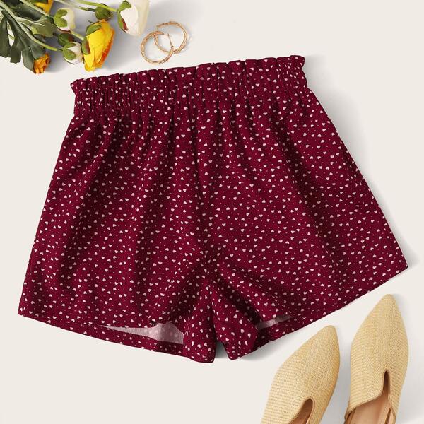 

Paperbag Waist Confetti Heart Print Shorts, Burgundy