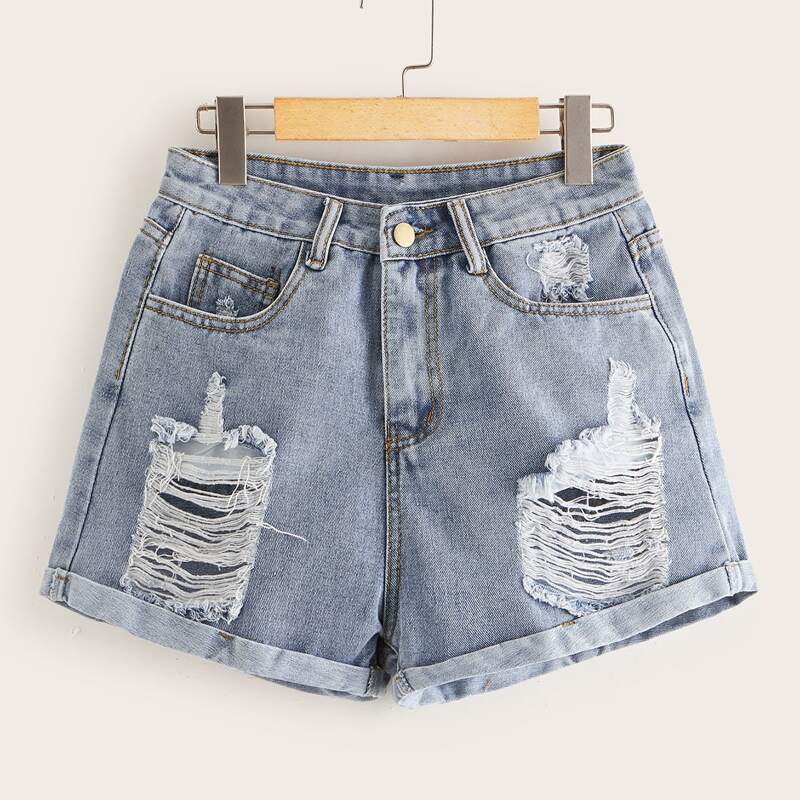 

Distressed Denim Shorts, Blue pastel