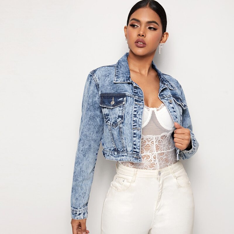 

Button Front Crop Denim Jacket, Blue pastel