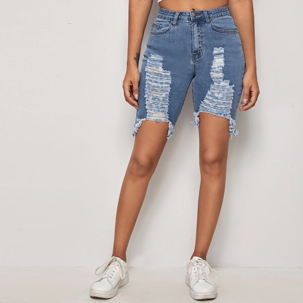 

Raw Hem Ripped Cycling Denim Shorts, Blue