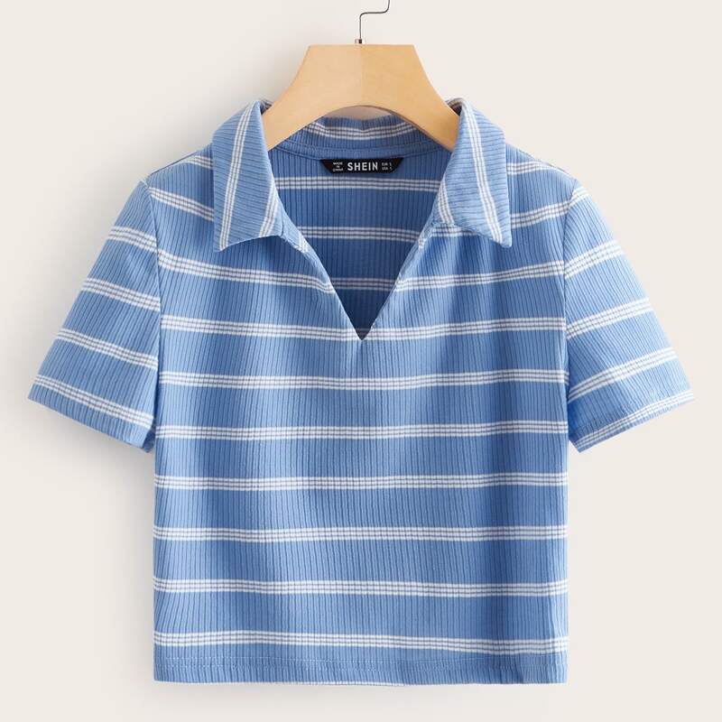

Collared Striped Rib-knit Top, Blue