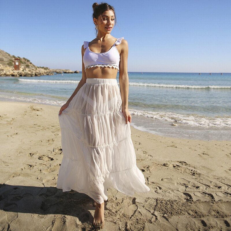 

Semi Sheer Tiered Cover Up Skirt, White