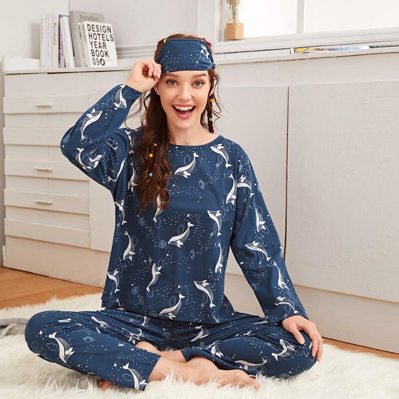 

All Over Whales Print PJ Set, Navy