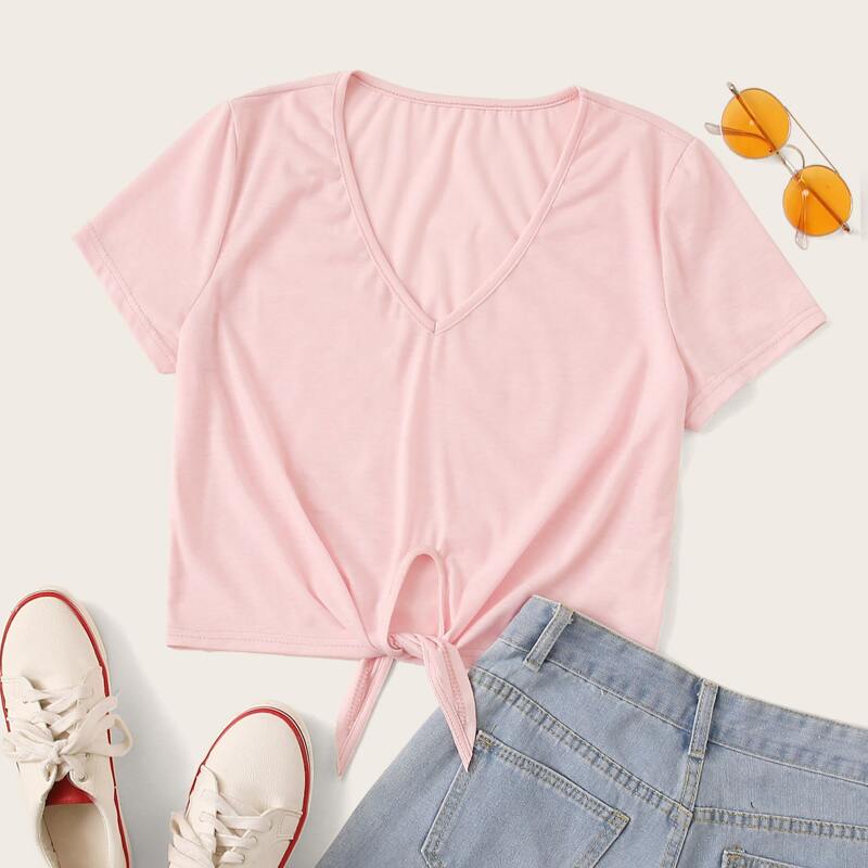 

V-neck Tie Hem Pink Tee