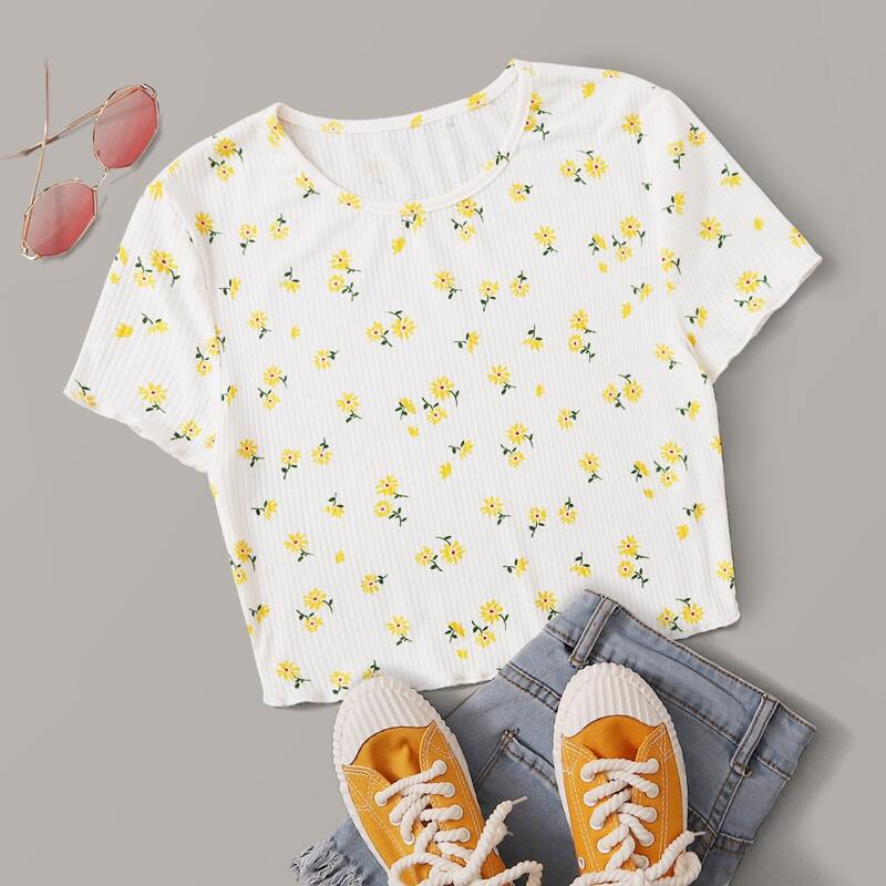 

Ribbed Ditsy Floral Crop Tee, White