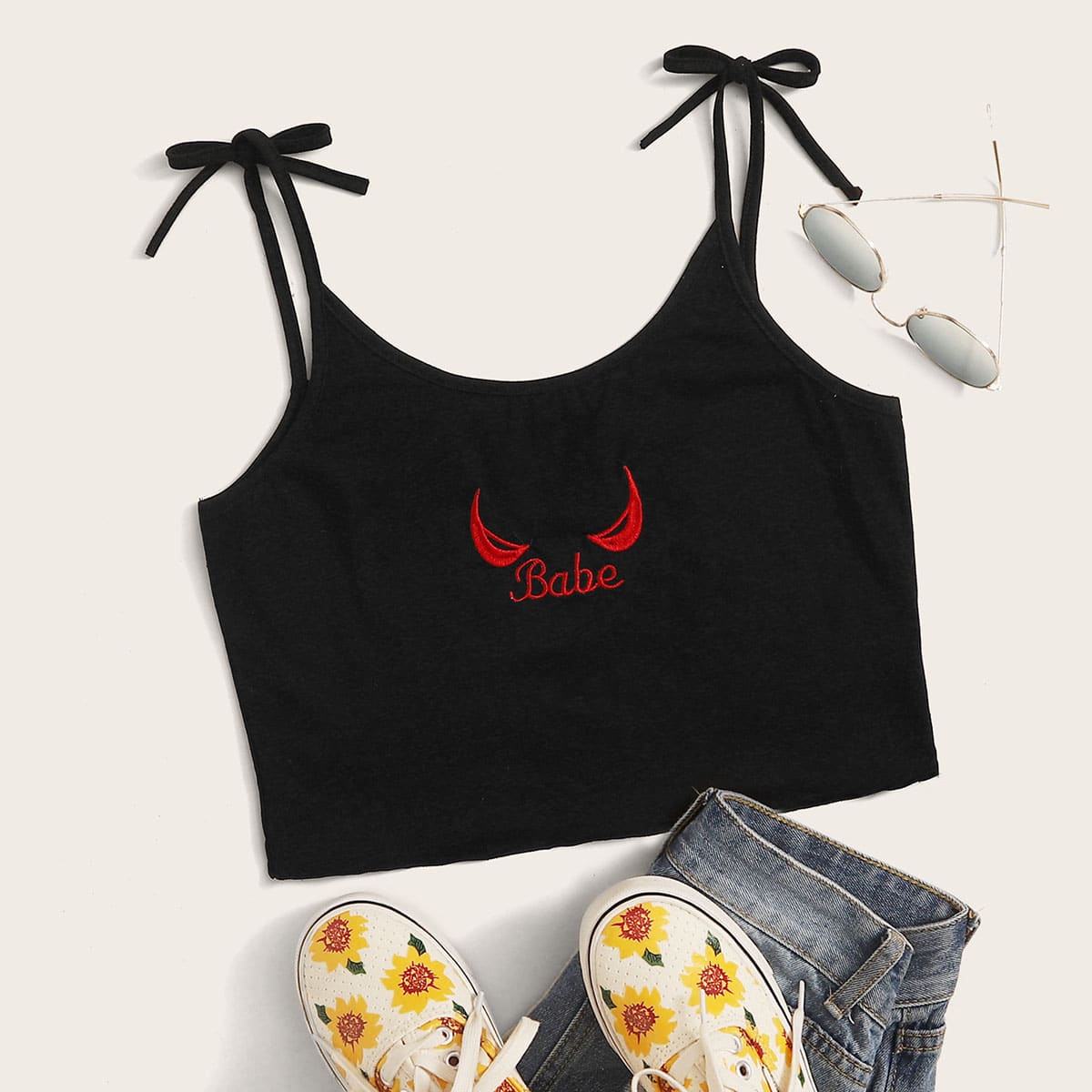 

Letter Embroidery Crop Cami, Black