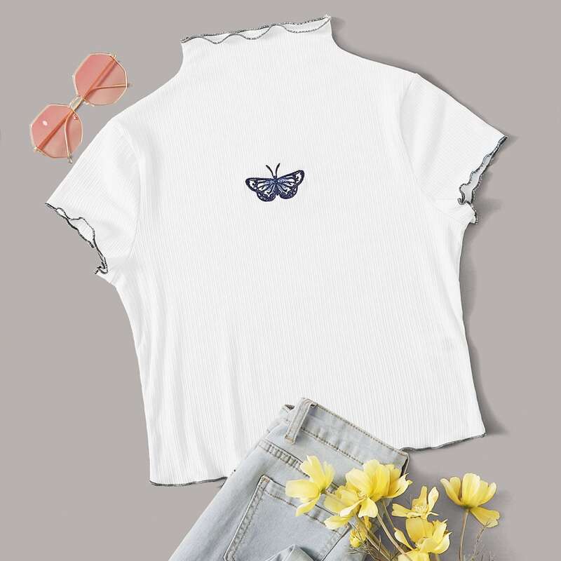 

Embroidered Butterfly Lettuce Edge Rib-knit Tee, White