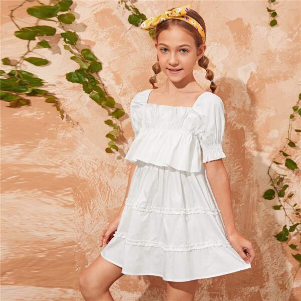 

Girls Square Neck Ruffle Trim Smock Dress, White