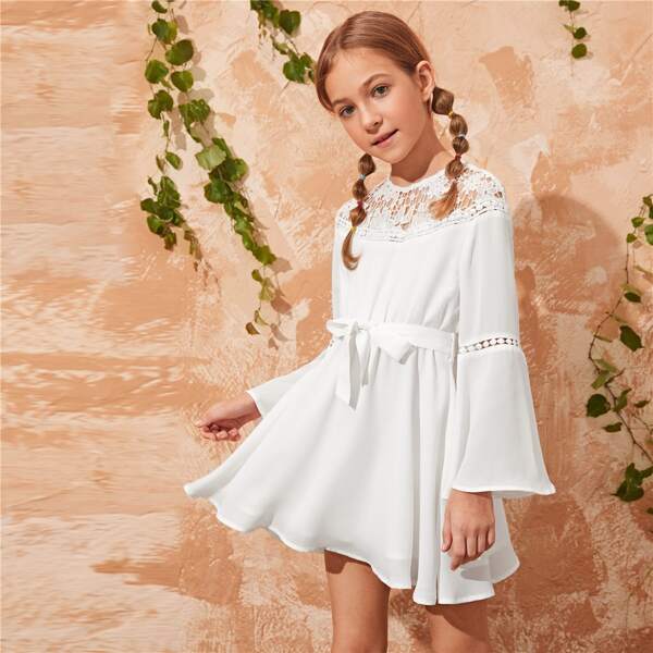 

Girls Guipure Lace Insert Bell Sleeve Self Belted Dress, White