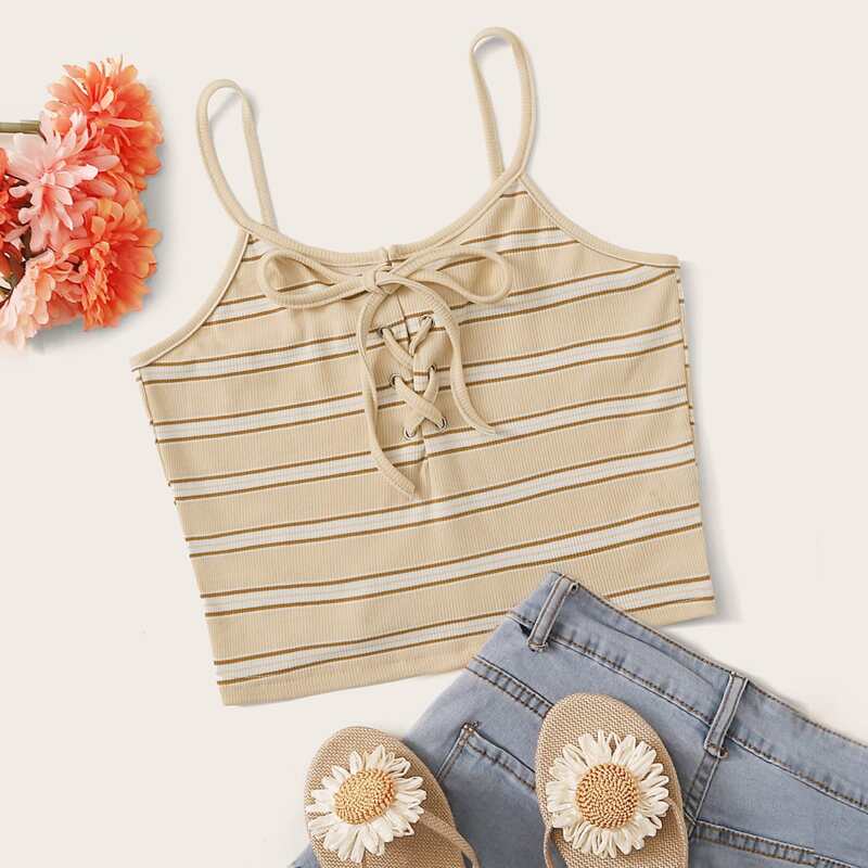 

Striped Grommet Lace Up Crop Cami, Multicolor