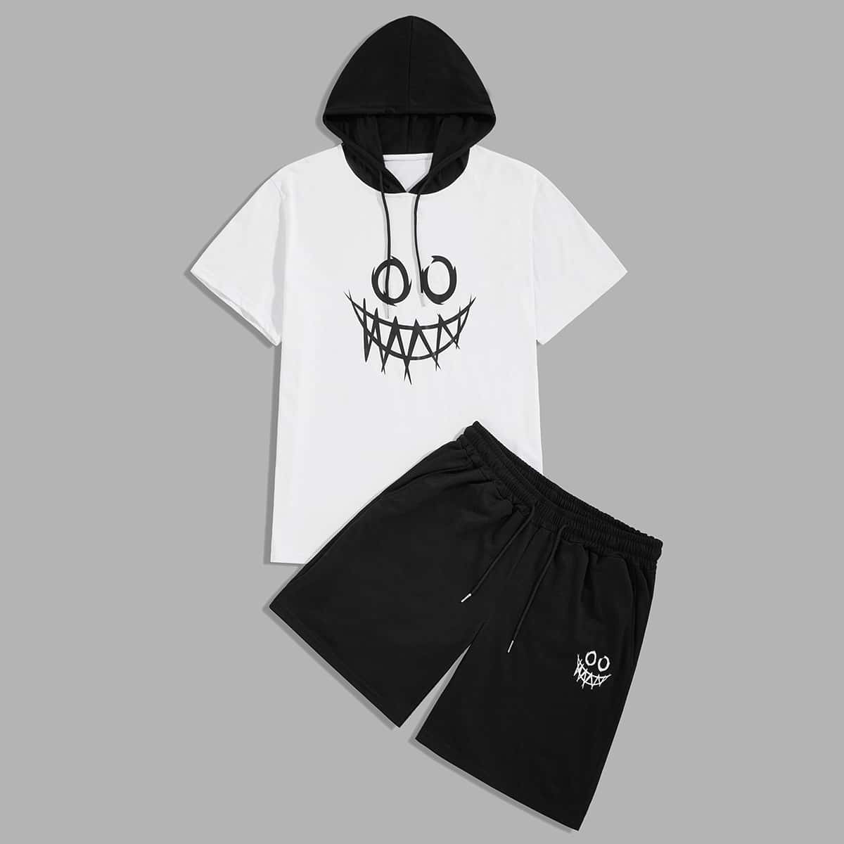 

Guys Cartoon Graphic Hooded Tee & Track Shorts, Black and white