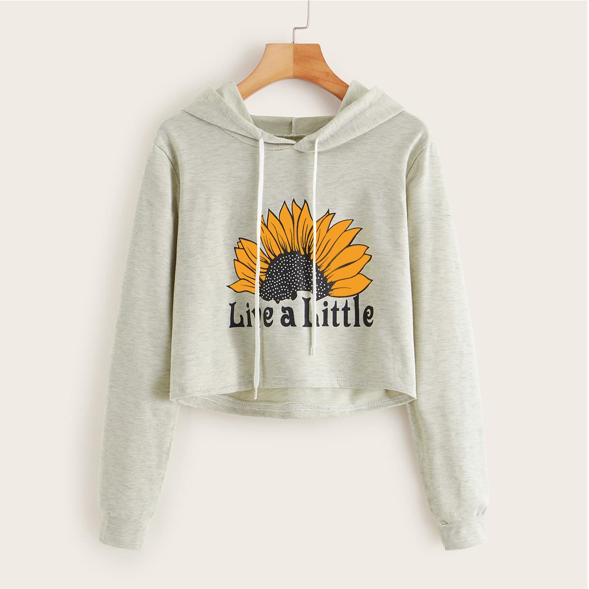 

Floral & Letter Graphic Crop Hoodie, Grey