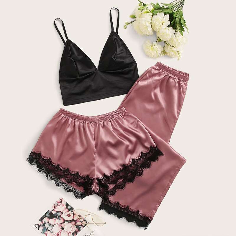 

3pcs Lace Trim Satin PJ Set, Multicolor