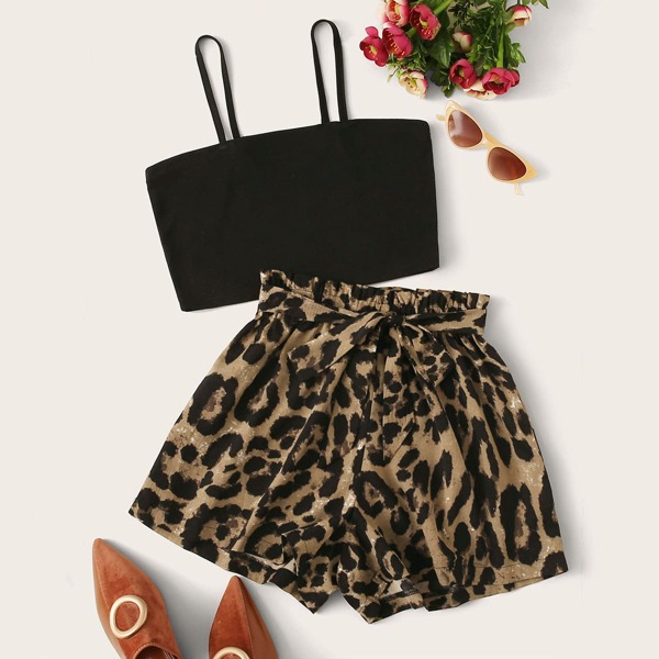 

Crop Cami Top & Leopard Print Belted Shorts, Multicolor
