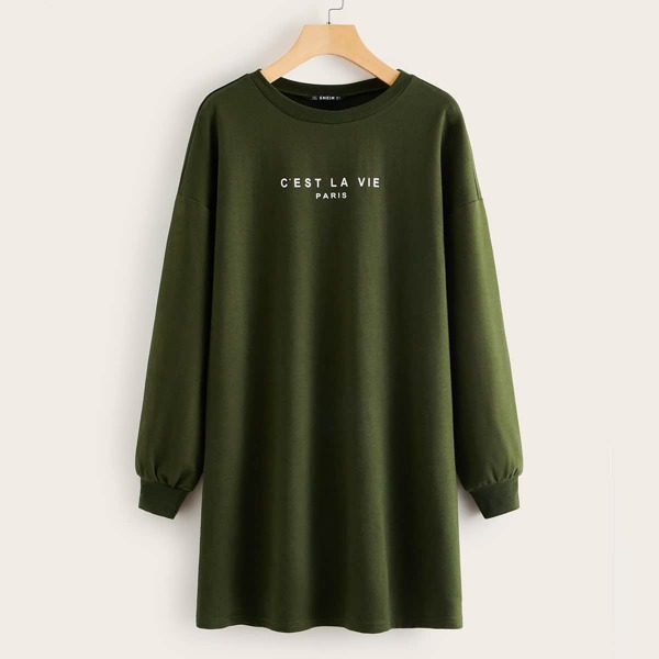 

Slogan Graphic Sweatshirt Dress, Army green