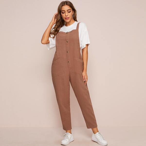 

Buttoned Front Patch Pocket Pinafore Jumpsuit, Brown