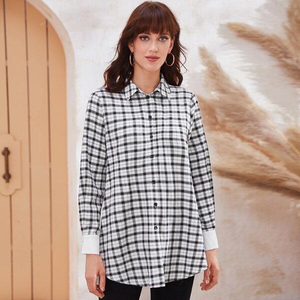 

Button Front Contrast Cuff Plaid Blouse, Black and white